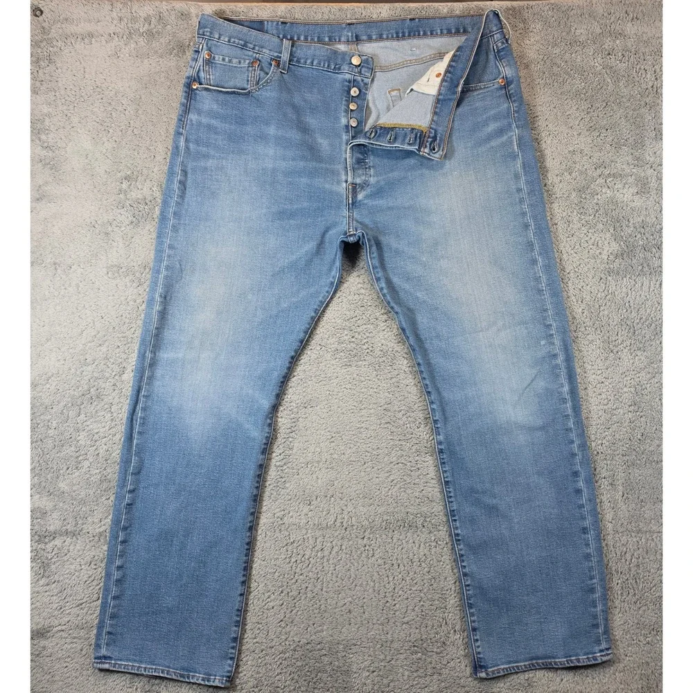 Levis 501 Button Fly Jeans Mens 42x32 Blue Straight Leg Original Fit Stretch
